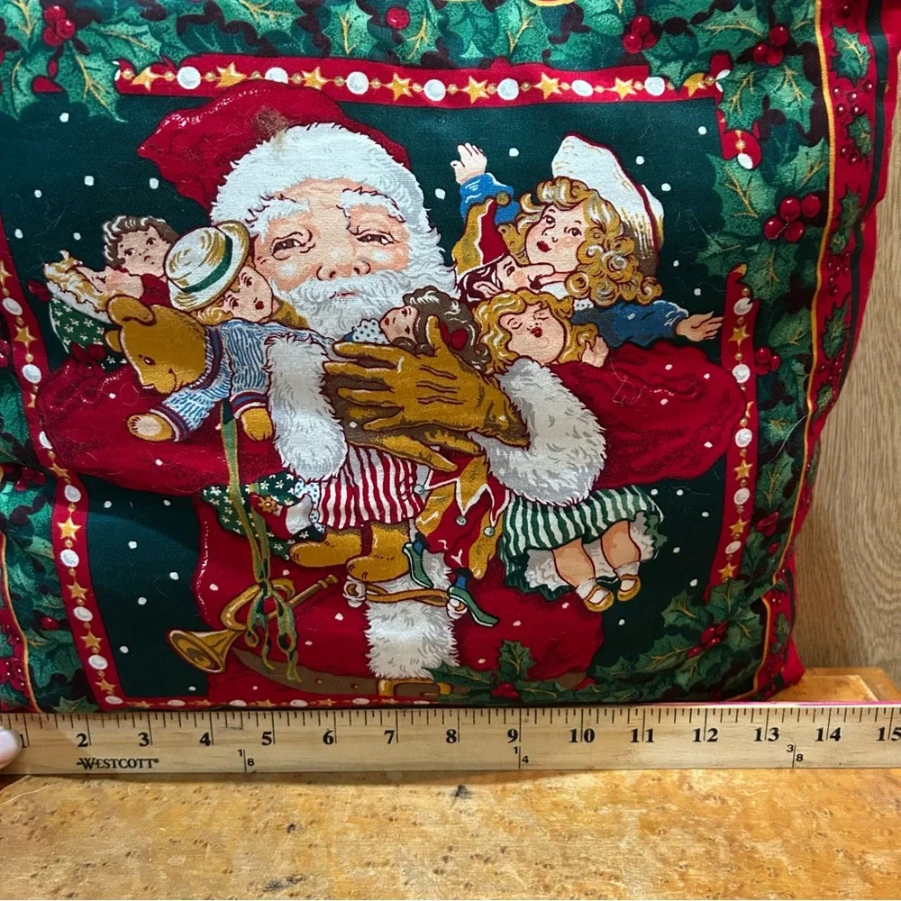 VINTAGE HAND SEWN 2 SIDED SANTA PILLOW 14x14” CHILDREN PRESENTS